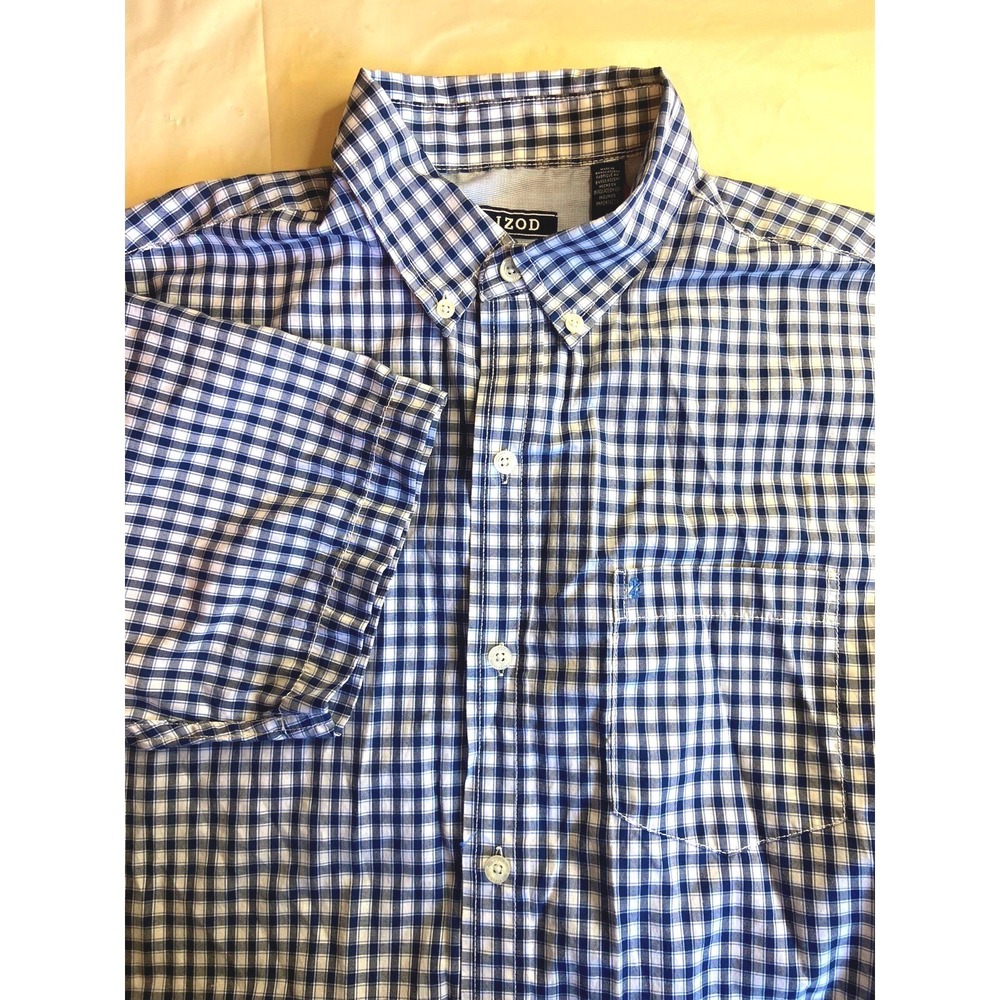 IZOD Mens Medium Blue White Gingham Check Short Sleeve Button Down Shirt
